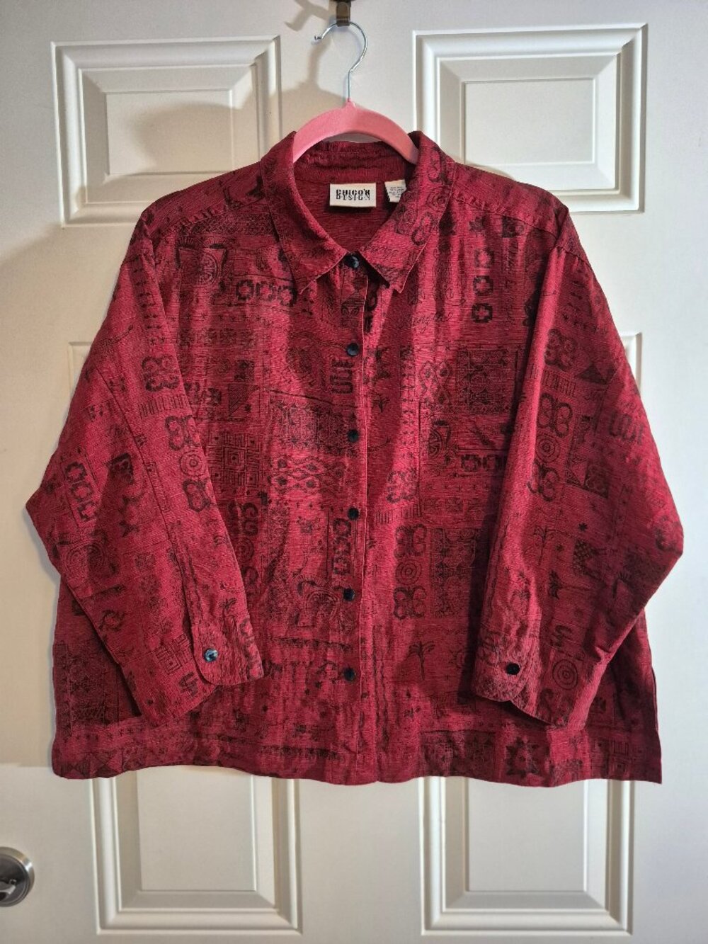 Red ans Black. Silk/Linen Button down, Chico's. Medium